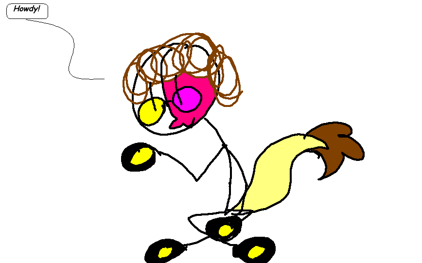 An MSpaint doodle of the author's sona using the software's limited color palette. They are waving and saying Howdy.